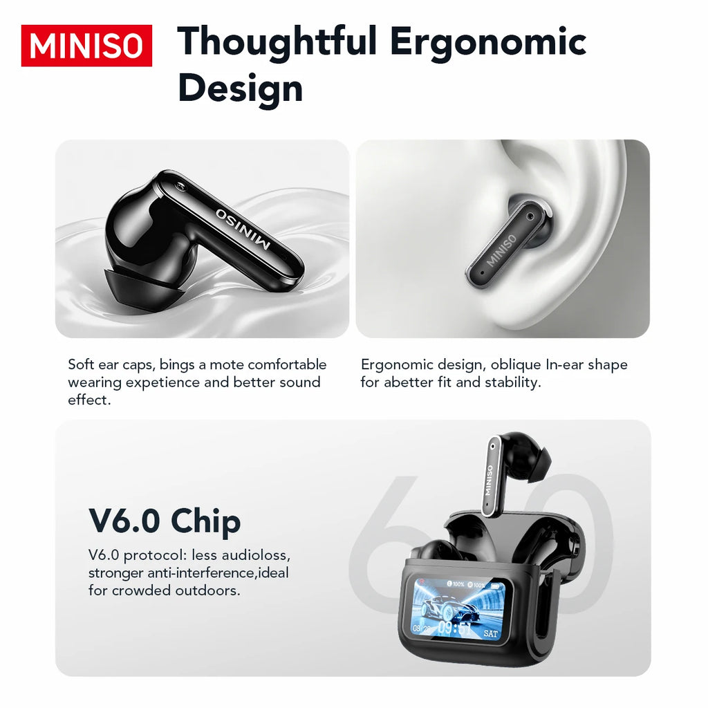 MINISO MS128 ANC Wireless Headphones Soft Earbuds with LED Touchscreen In-Ear Earbuds, HD Stereo Sound Active Noise Cancelling