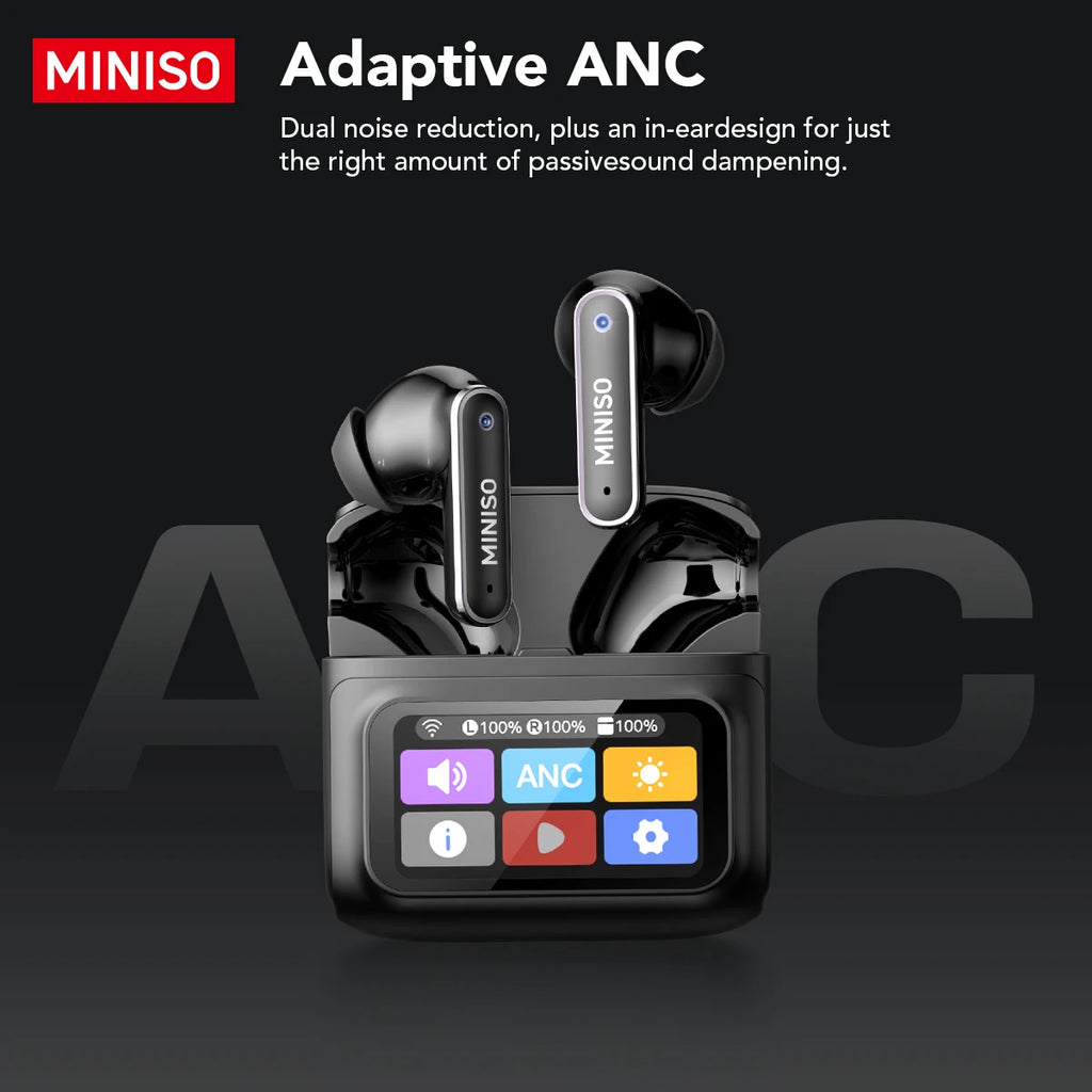 MINISO MS128 ANC Wireless Headphones Soft Earbuds with LED Touchscreen In-Ear Earbuds, HD Stereo Sound Active Noise Cancelling