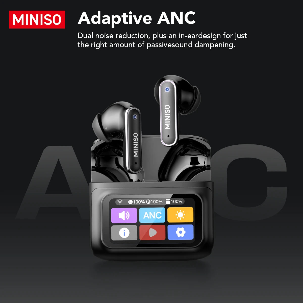 MINISO MS128 ANC Wireless Headphones Soft Earbuds with LED Touchscreen In-Ear Earbuds, HD Stereo Sound Active Noise Cancelling