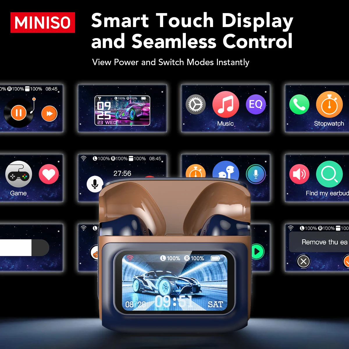 MINISO MS128 ANC Wireless Headphones Soft Earbuds with LED Touchscreen In-Ear Earbuds, HD Stereo Sound Active Noise Cancelling